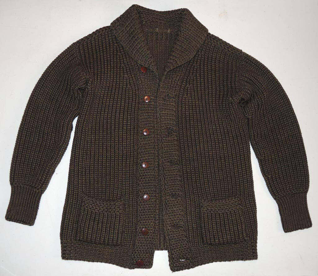 RARE Vtg 1920s Shawl Collar Sweater XL Hand-Knit Wool Cardigan Near Mint