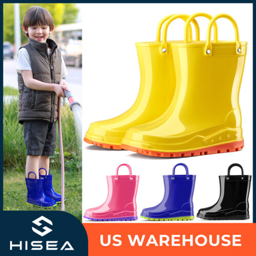 HISEA Toddler Kids Rubber Rain Boots with Handles Boys Girls Mud Playing Wellies