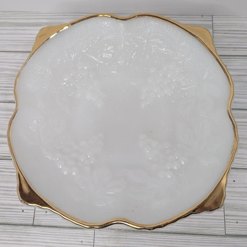 Vintage Anchor Hocking Fire King Milk Glass Bowl Gold Trim Grapes Design