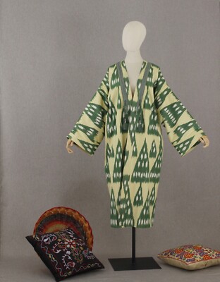 Uzbek ikat chapan,cotton jacket,boho green coat,ethnic abaya cape,cover kimono