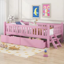 Wood Twin Size Platform Bed Frame with Guardrail 2 Drawers For Kids Girls Pink