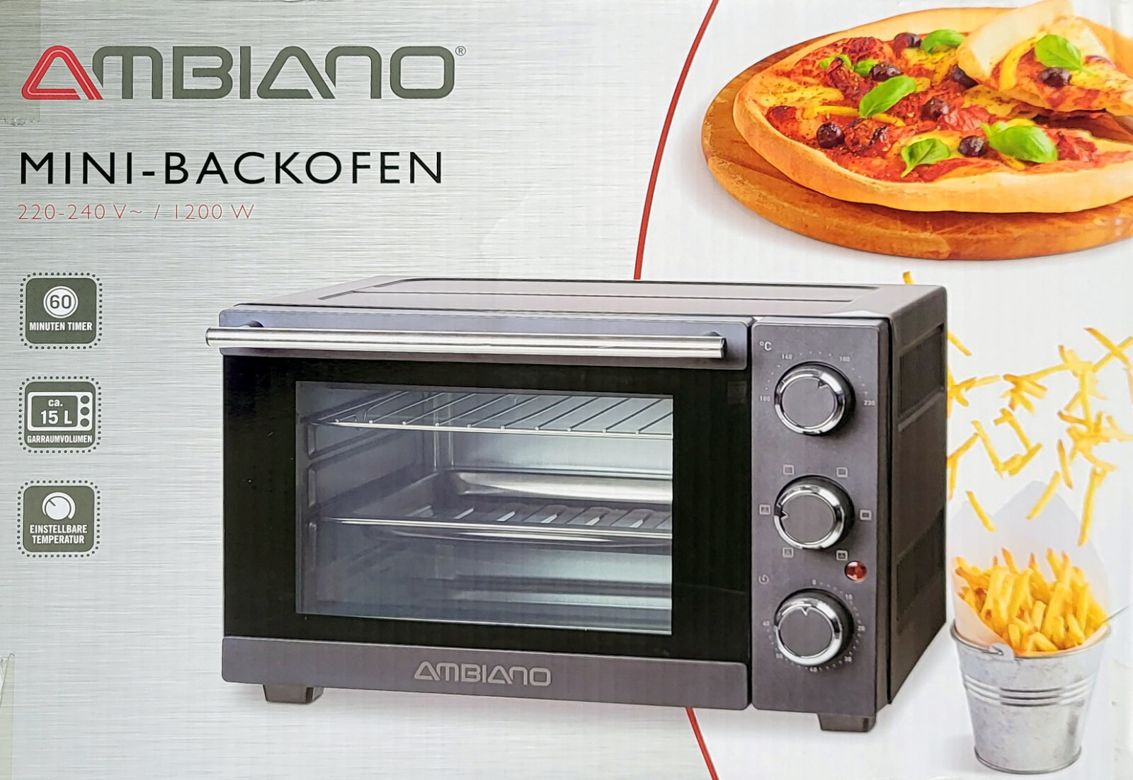 AMBIANO Mini Backofen 1200W Umluft Miniofen 15L Volumen Pizza Brötchen