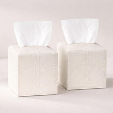 Square Tissue Box Cover 2 Pack Faux Leather Linen Pattern Tissue Holder White