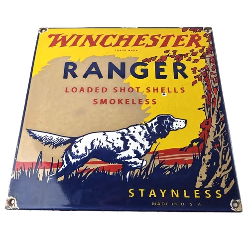 Vintage Winchester Ranger Shot Shells Dog Porcelain Signs - Hunting Sign