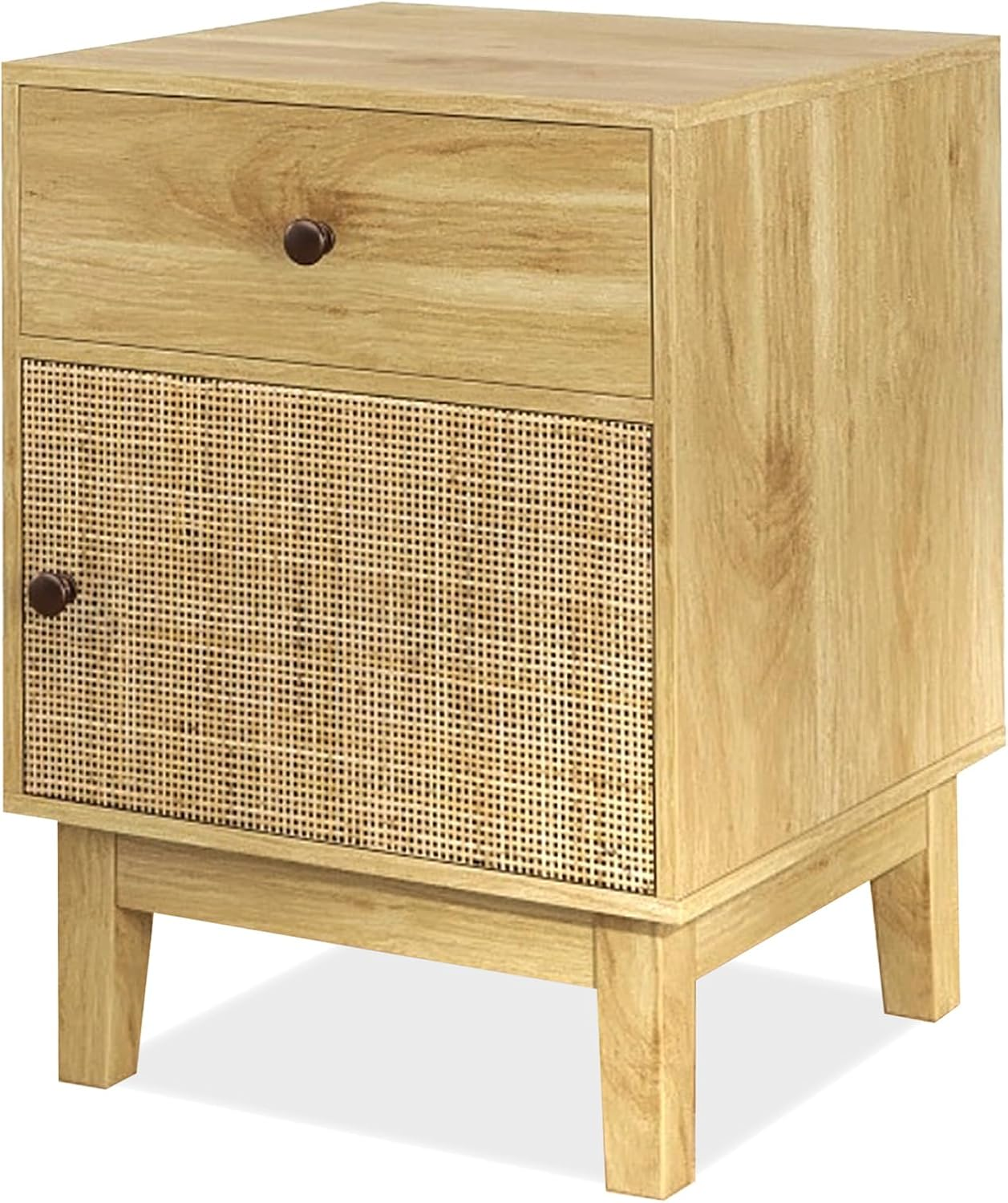 Rattan Bedside Table Drawer Storage Cabinet Wooden Legs Nightstand Boho