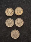 5 Beautiful 1939 Silver Mercury Dimes. Incredible Details