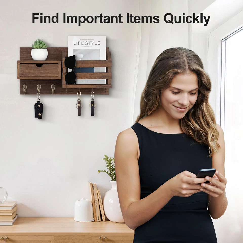 Wall Mount Key Holder with Mail Organizer, 100% Paulownia Wood, 7 Metal Hooks... - Image 2 of 4