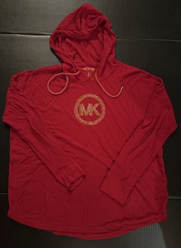 Designer MK Michael Kors camicia donna pullover felpa con cappuccio rosso waffle coulisse LG