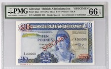 Gibraltar &pound;10 1975 (ND 1977) P22as "Specimen N.017  PMG 66 EPQ