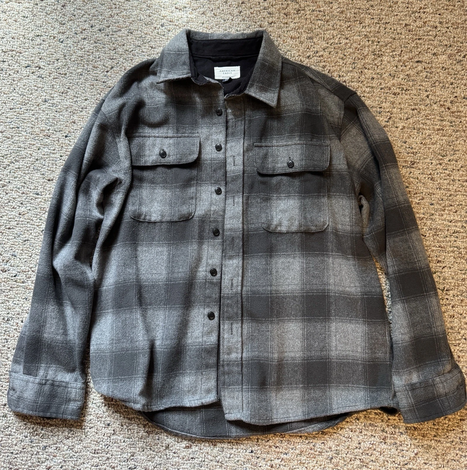 American Eagle Black Gray Flannel Shirt With Button Closure Body Fit Unisex