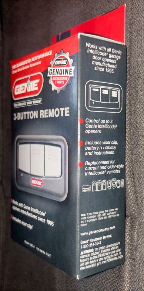 Genie 3-Button Garage Door Opener Remote With Visor Clip Model# G3BT-R ...