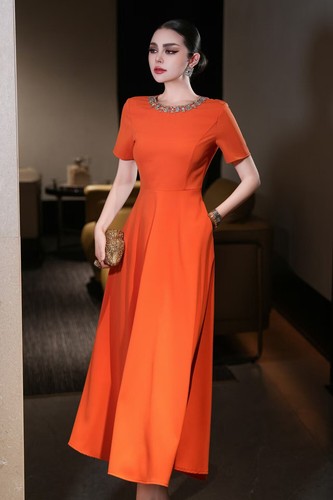 Luxury Summer Women's Round Neck Short Sleeve Fashion A-Line Evening Party Dress - Picture 13 of 26