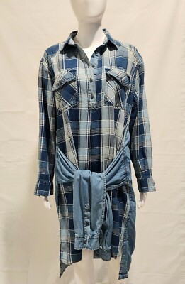 Current Elliot Chambray Plaid & Denim Sleeve Tie Shirt Dress Women's Size 2