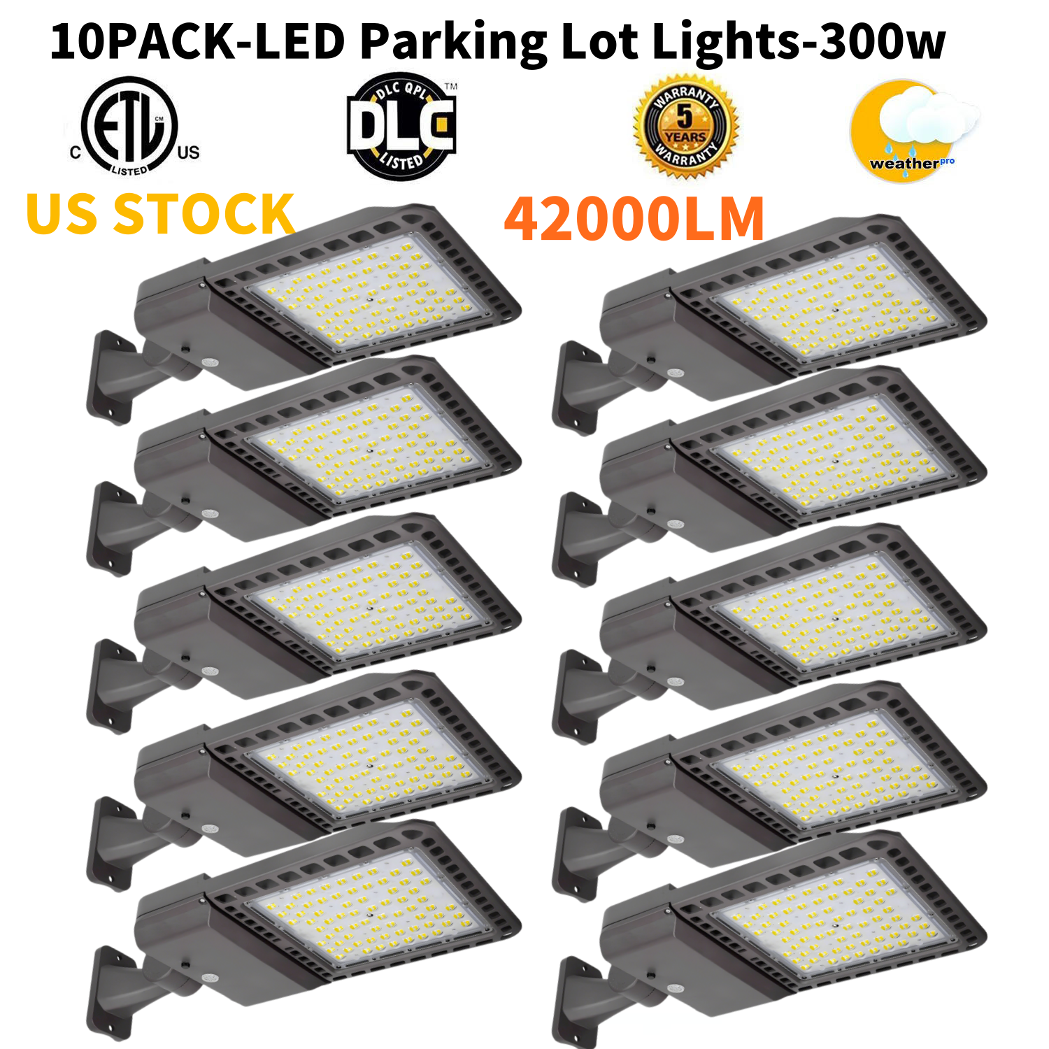 LED Parking Lot Light 300 Watts 10 Pack,LED Shoebox Light with Arm Mount,42000LM