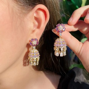 Authentic Women Chic Gold Plated Cubic Zircon Long Purple Flower Bell Dangle Drop Earrings