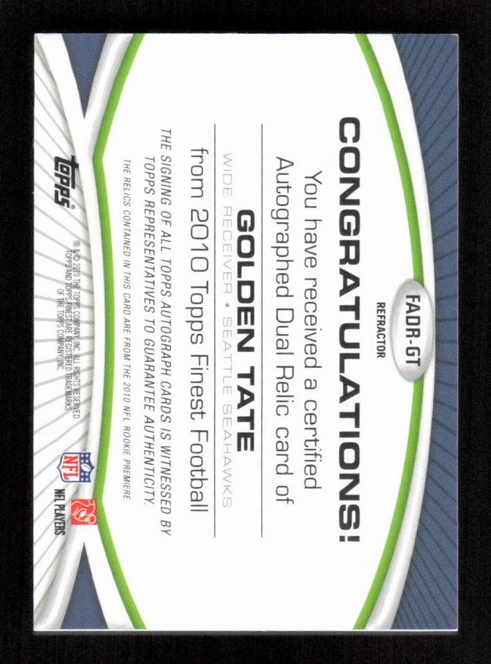 2010 Topps Finest #FADR-GT Golden Tate RC Dual Jersey Auto #'d /75 - Image 2 of 2