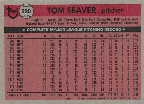 1981 - Topps - Card #220 - Tom Seaver - Cincinnati Reds - Bild 2 von 4