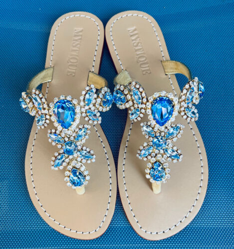 NIB MYSTIQUE Toledo Light Blue Sapphire Czech Crystals Sandals 7 Retail $270 NEW - Picture 1 of 16