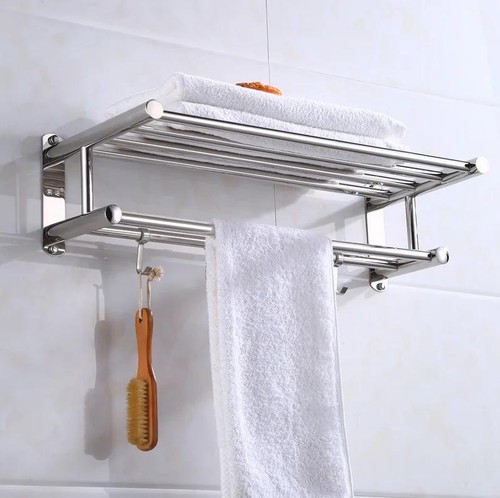 Wall Mounted Towel Shelf Organizer Aluminum Rack 2 Tier Towel Rack for Bathroom - Picture 19 of 26