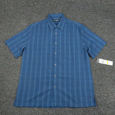 John Henry Shirt Adult Medium Blue Striped Button Up Short Sleeve Casual Mens