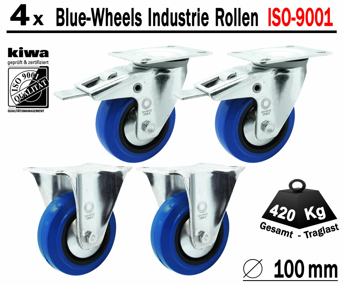 Blue Wheels Industrie Transport Lenk Rollen 4 x Ø 100mm Br-Bo/ BS-Rollen Germany