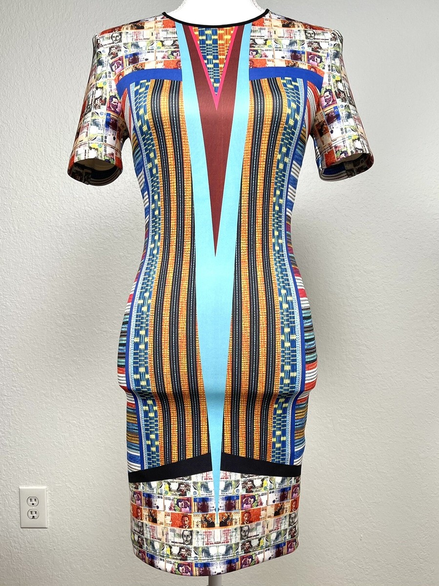clover canyon bodycon dress Womens SMALL Multicolor Currency Print Neoprene EUC Floral dresses