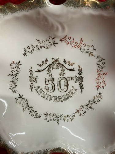 Vtg 50th Anniversary Candy Dish with Scalloped Edge Gold Lettering Floral Design - Picture 2 of 5