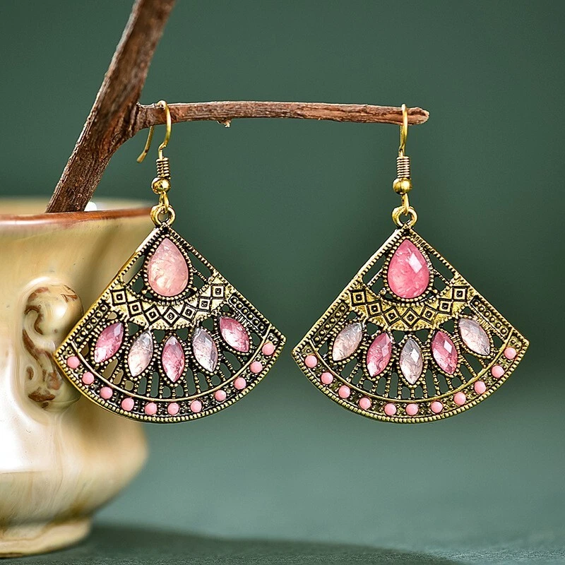 Gorgeous Women Ancient Gold Bohemian Earrings Hollow Color Fan Style Tassel 1505 - Image 4 of 4