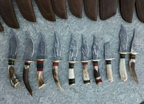 ЛОТ ИЗ 10 ОХОТНИЧЬИХ НОЖЕЙ РУЧНОЙ РАБОТЫ 8 ДЮЙМОВ ИЗ ДАМАССКОЙ СТАЛИ СКИННЕР РУКОЯТЬ ОЛЕНЬ/РОГА - Изображение 2 из 4