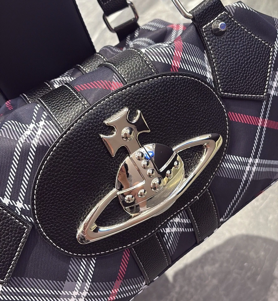 Vivienne Westwood Orb Plaid Bowling Bag Black Red Tartan Medium Leather Trim - Image 3 of 4