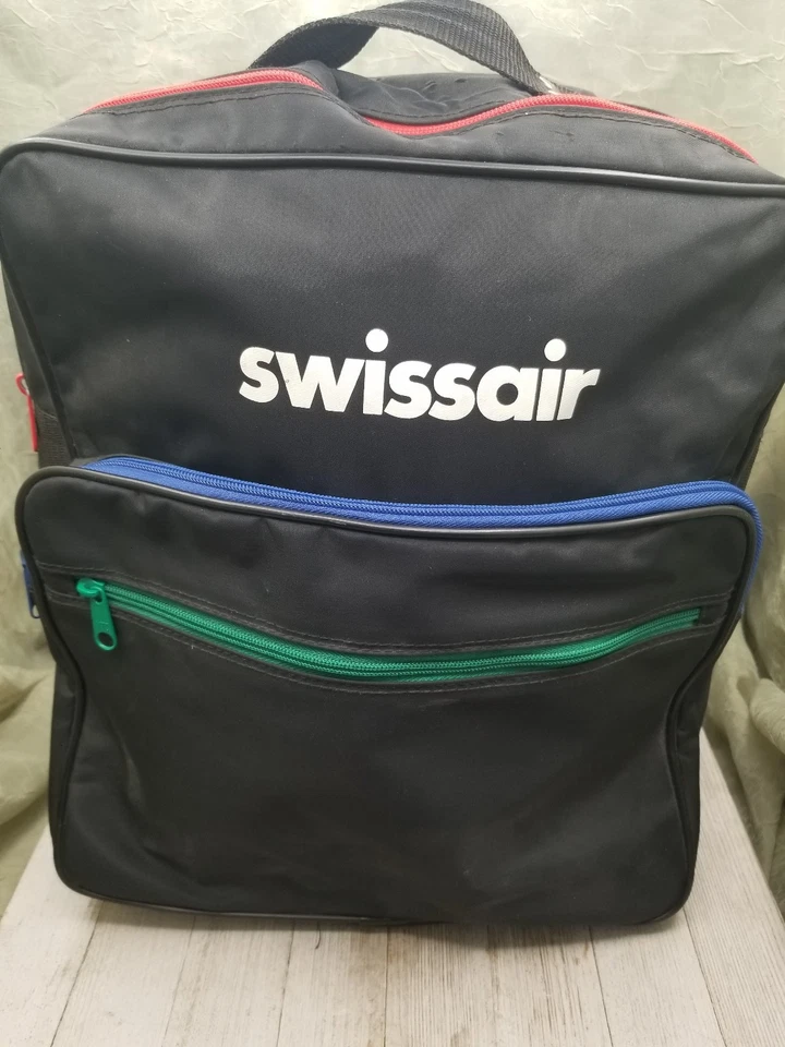 Vintage 80’s Swissair Swiss Air Logo Black Airline Carry On Backpack Bag Luggage - Image 3 of 4