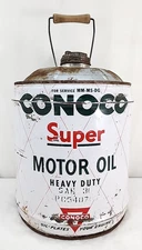 Vintage CONOCO SUPER  Motor Oil 5 Gallon Can EMPTY Wood Handle