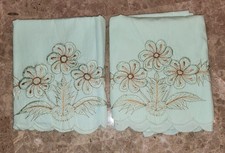 Pair of Vintage Embroidered Aqua Color Pillow Cases Flowers Floral Pattern