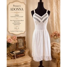 Vintage 60s Penney's Adonna Full Slip: Black Lace Chevron Bodice, Dacron Rare 36