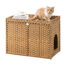 Cat Litter Box Enclosure Furniture, Handwoven Rattan Hidden Litter Box with M...