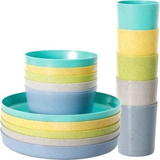 Kids Dinnerware Set 15-Piece Bamboo Plastic Bowls, Plates Cups