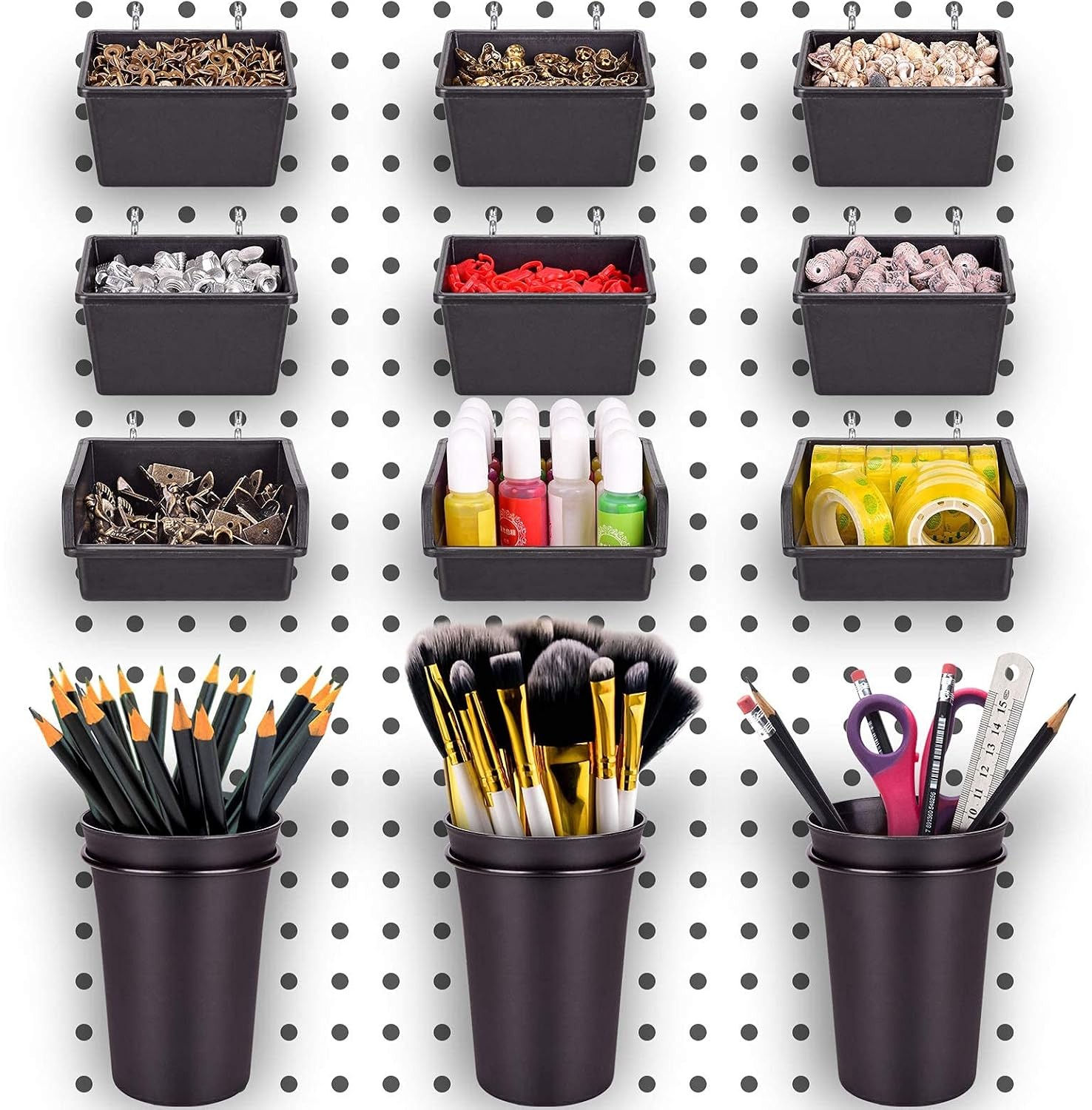 Pegboard Bins with Hooks 12 Pack Set, Pegboard Cups Organizer Storage System