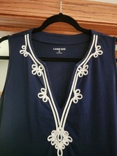 LANDS END Cover-Up Womens Large Cotton Jersey Dress Swim Navy Blue Embellished
