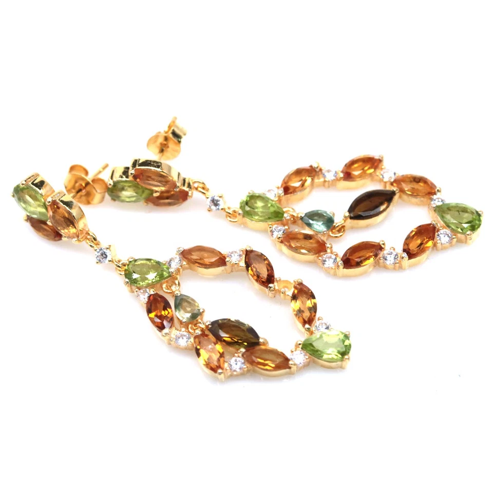 Thai Handmade 4 x 6 mm. Green Peridot, Tourmaline, Citrine & Zircon Earrings - Image 2 of 4