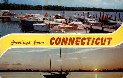 Greetings from Connecticut sunset boat harbor two views ~ postcard sku031