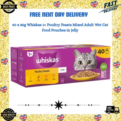 40 x 85g Whiskas 1+ Poultry Feasts Mixed Adult Wet Cat Food Pouches in Jelly