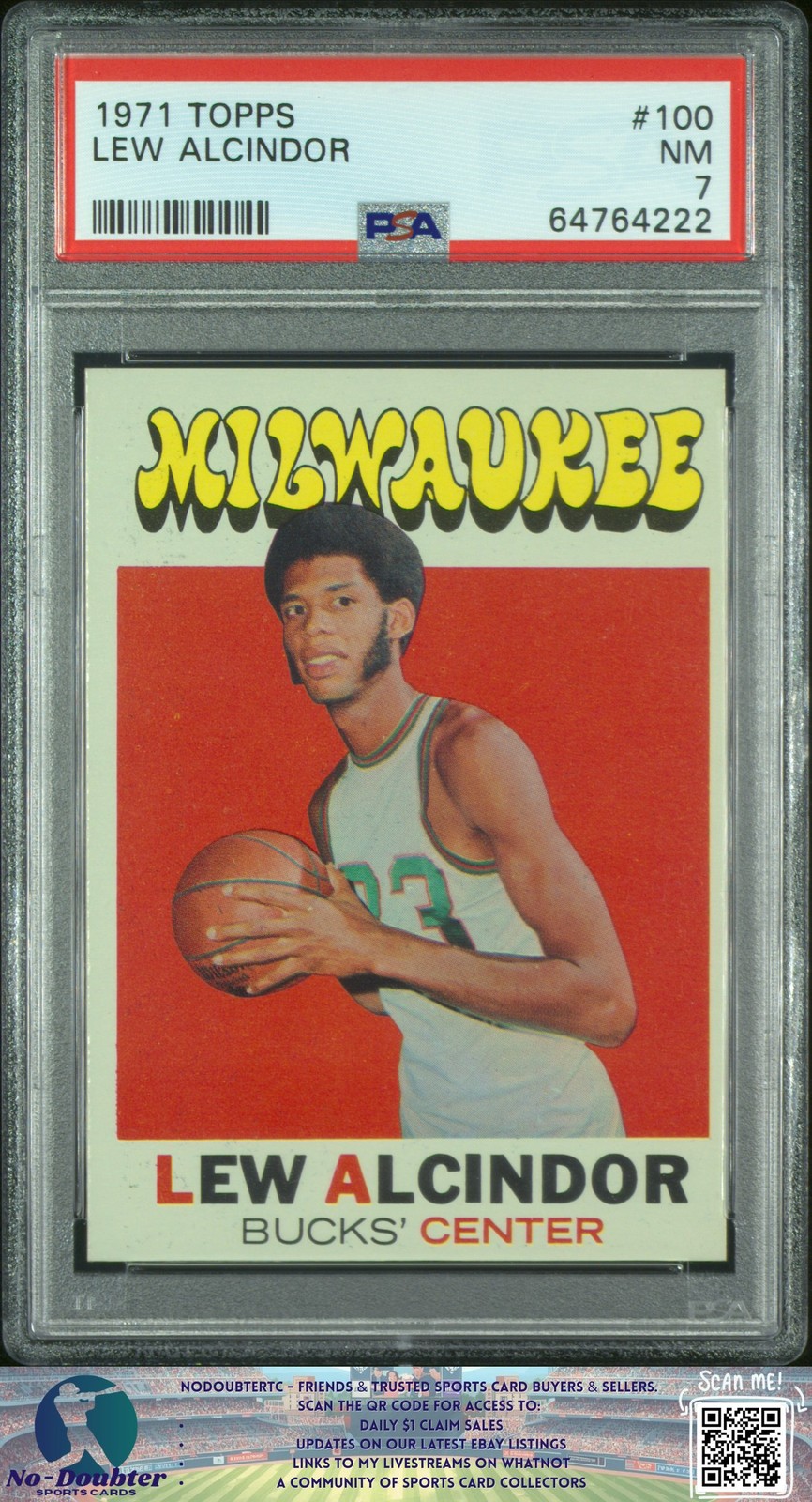 1971 Topps #100 Lew Alcindor (Kareem Abdul-Jabbar) PSA 7 NM Bucks P.OB3