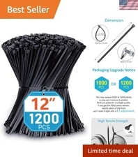 12 Inch Black Cable Ties - 1200 Pack, Heavy Duty with 50lb Tensile Strength