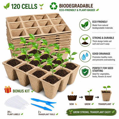 Seed Starter Trays 120 Cells Biodegradable Plant Pots Kit w/ Labels Tools 10Pk
