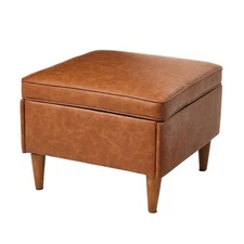 Atley Upholstered Modern Ottoman with Storage and Solid Wood Legs, Cognac Veg...