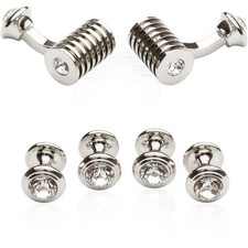 Men's Silver Clear Crystal Cufflinks and Studs Tuxedo Shirt Formal Set with J...
