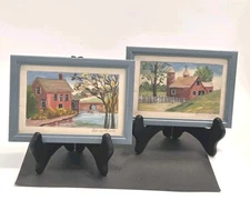 Vtg EDNA LOWE MIni Orig. Paintings (2) Red Houses Naive Framed & Signed 3x5"