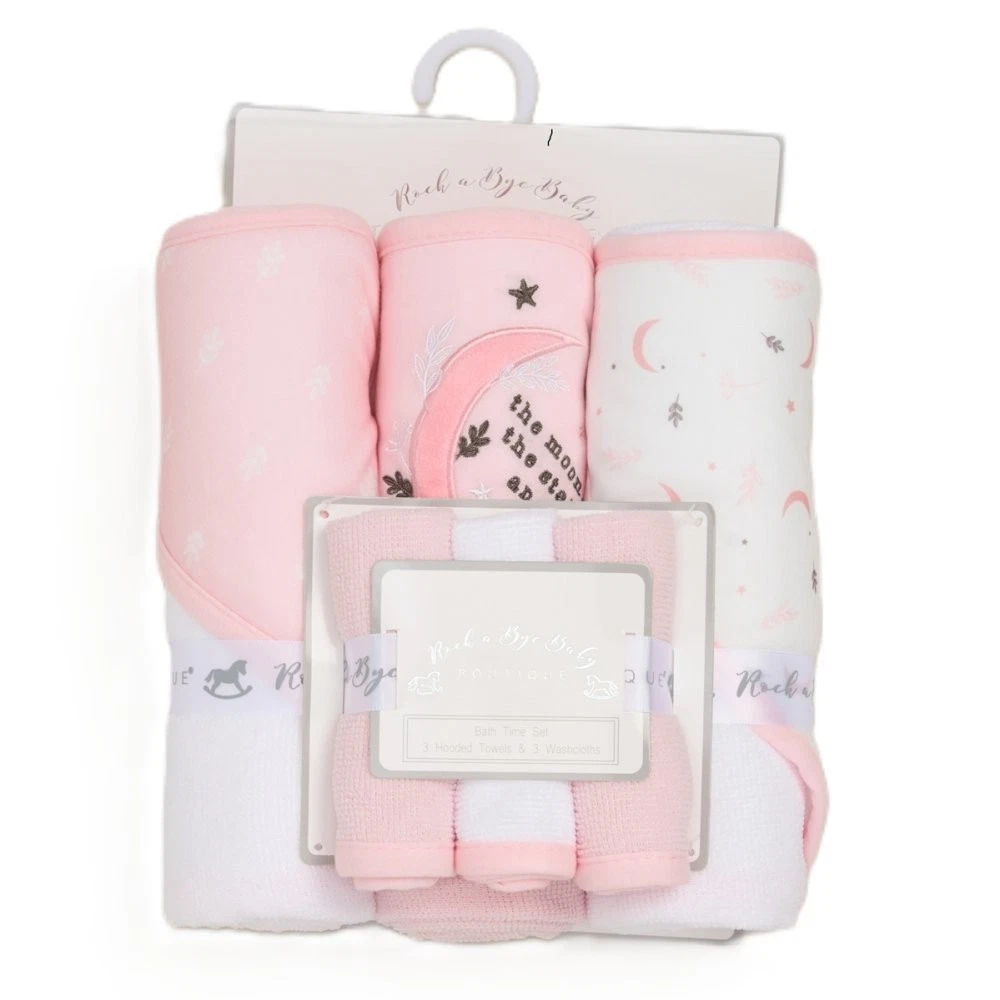 x3 Pink Baby Bath Set | Hooded Towels and x3 Washcloths, Moon and Star Design