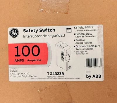 NEW GE TG4323R 100 Amp 240v OUTDOOR Fusible 3Ph 3R Safety Switch Disconnect wBOX