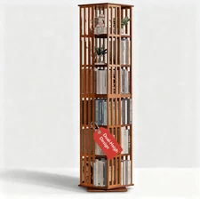 Rotating Bookshelf Tower– 6 Tier 360° Bamboo Spinning Bookshelf | Space-Saving F